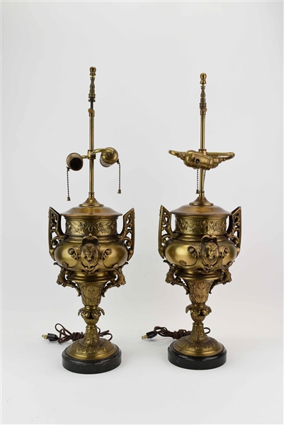 Pair of Brass Double Handles Urns Fitted as Lamps