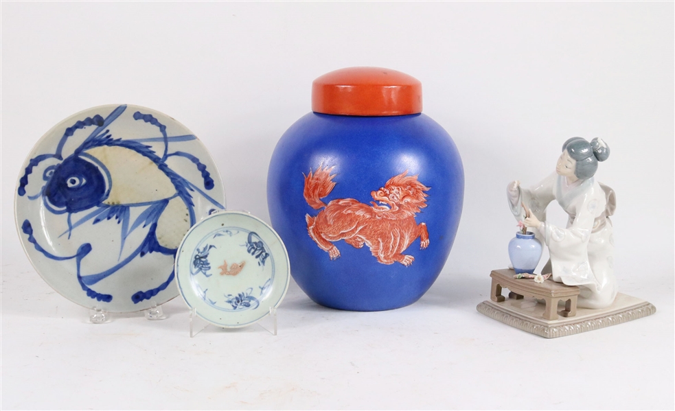 Blue-&-Orange Glazed Fu-Dog Decorated Ginger Jar