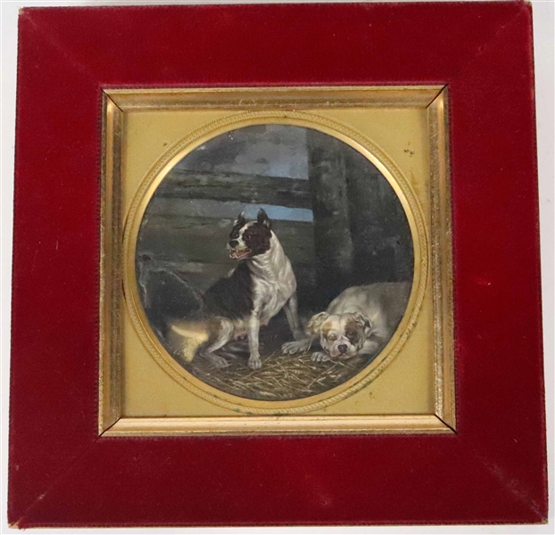 Painted Miniature Portrait of Two Dogs in a Barn