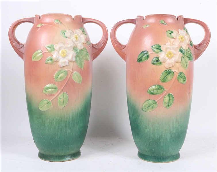 Two Tall Pink Roseville Double Handled Vases