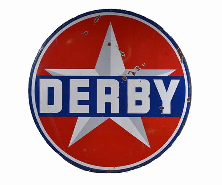 Vintage Derby Gasoline Porcelain 2 Sided Sign