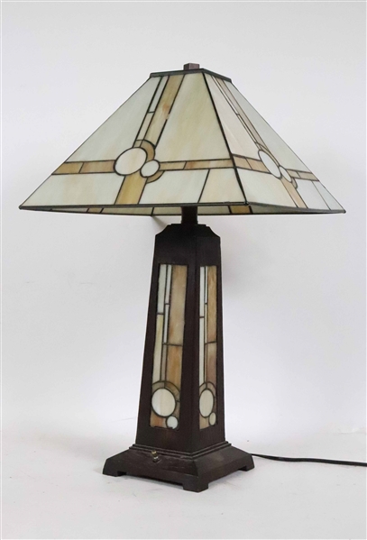 Arts & Crafts Oak and Slag Glass Table Lamp