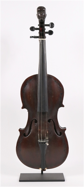 American Folk Art Carved Violin, Mans Head