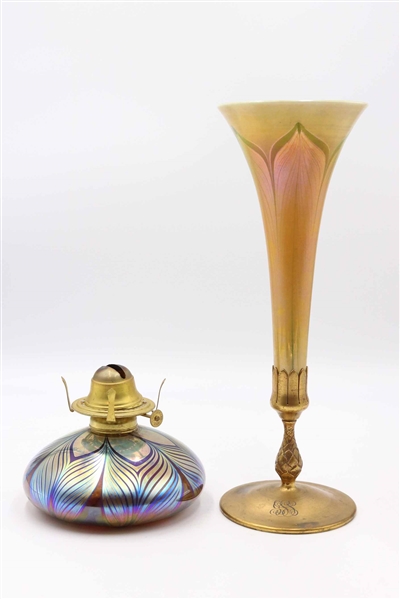 Tiffany Favrile Glass Vase in Gilt-Metal Base