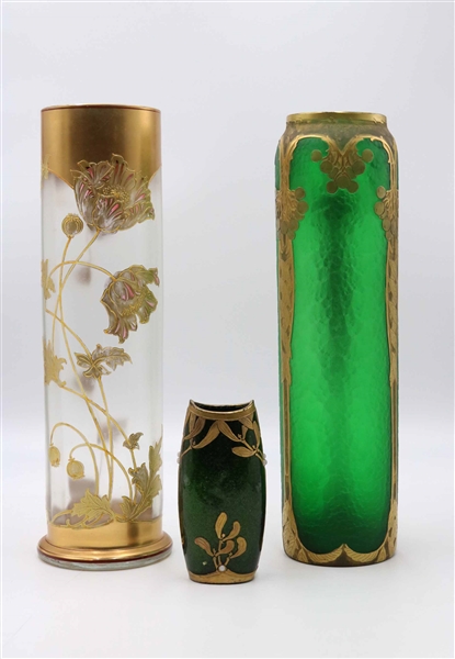Two Legras Gilt-Decorated Green Glass Vases