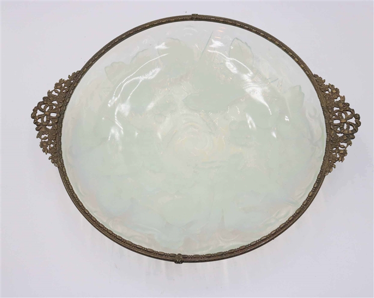 Metal-Mounted Opalescent Bird-Decorated Bowl
