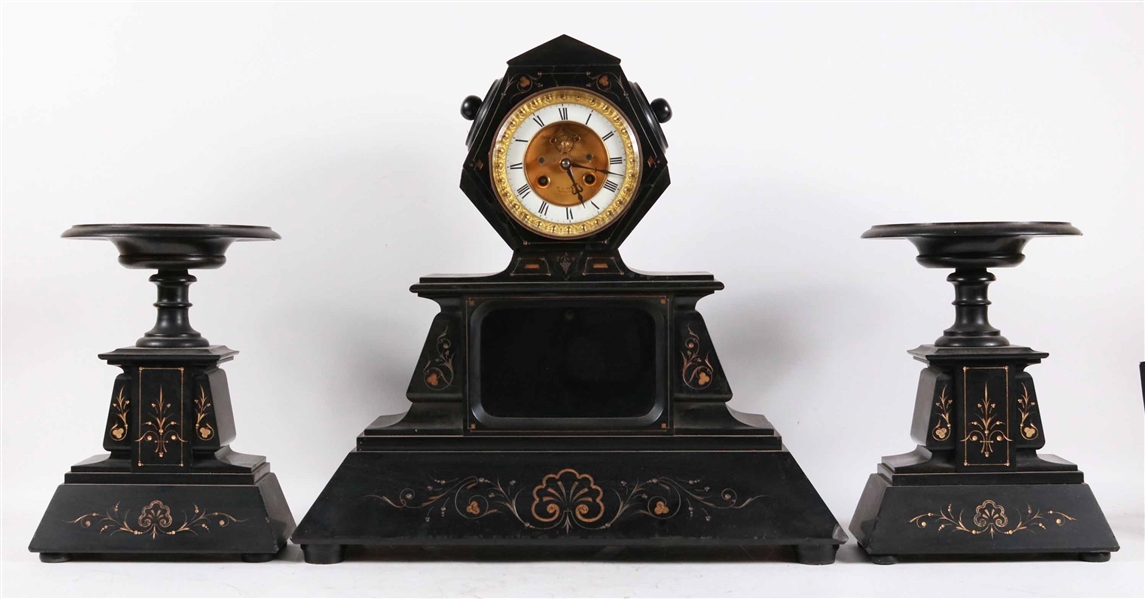 Victorian Gilt-Decorated Black Onyx Garniture Set