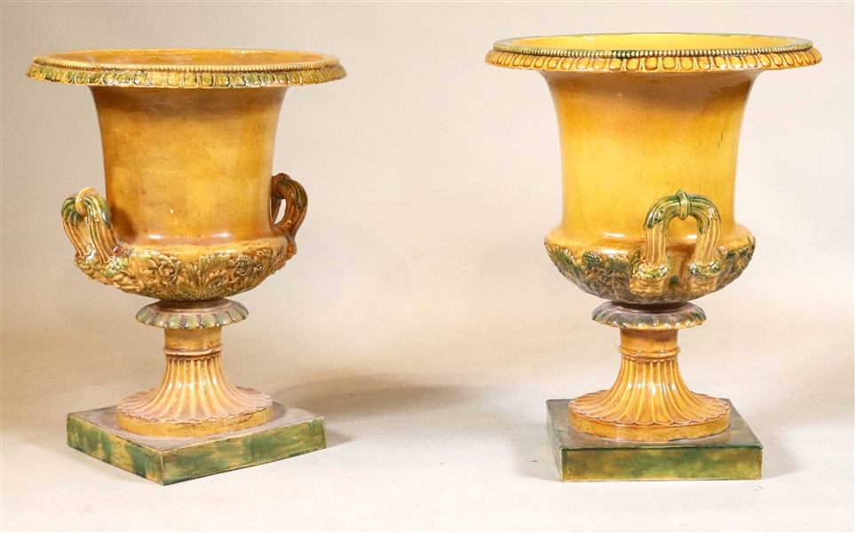 Pair of Yellow-and-Green Glazed Urn-Form Planters