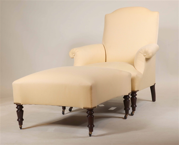 Beige-Upholstered Club Chair and Ottoman