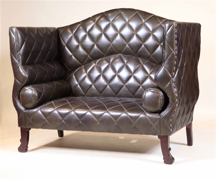 Modern Black-Leather Upholstered High Back Settee