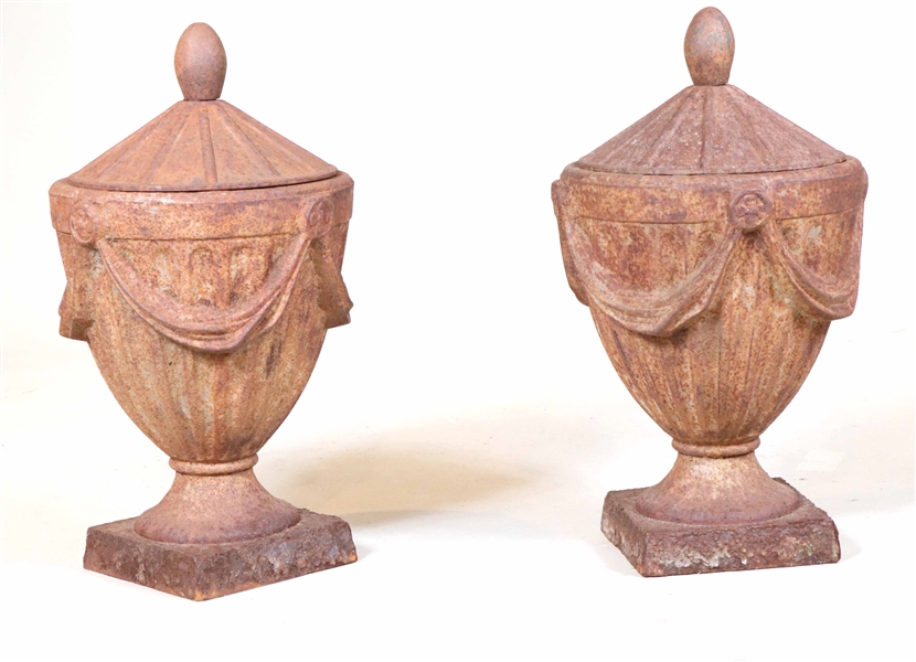 Pair of Neoclassical Style Cast-Iron Covered Urns
