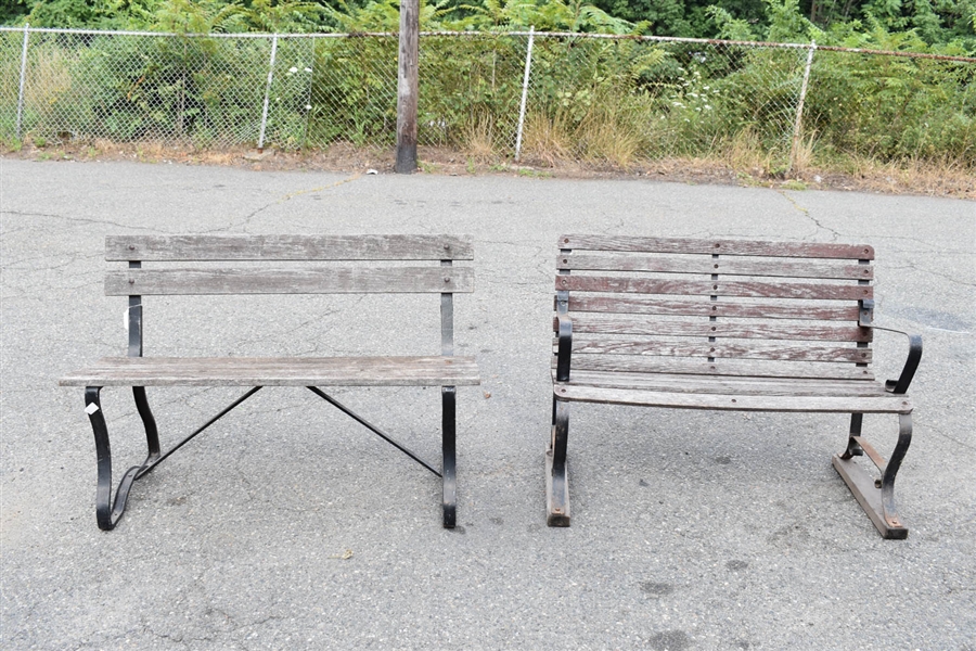 Two Iron and Wooden Outdoor Garden Benches