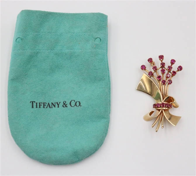 Vintage Tiffany 14K Ruby Sapphire Spray Brooch