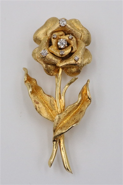 14K Yellow Gold Rose Stem Brooch with Diamonds