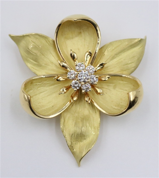 Tiffany 18K Yellow Gold Diamond Dogwood Brooch 