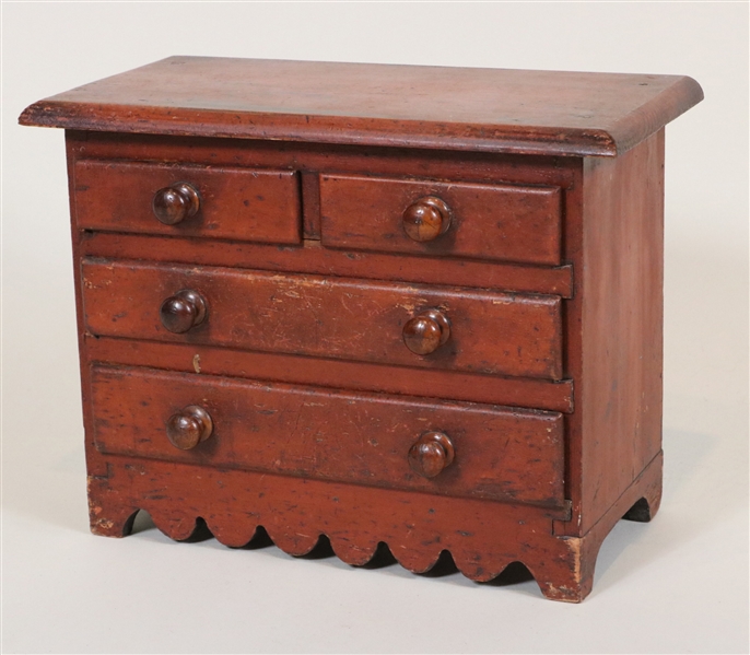 Red-Stained Pine Miniature Chest of Drawers