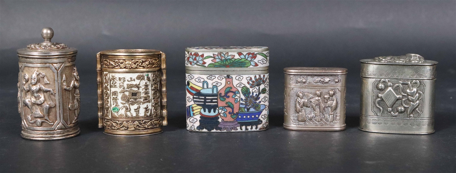 Five Asian Mixed Metal Covered Boxes