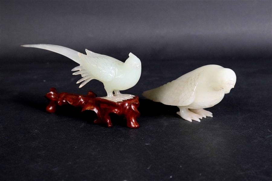 Two Finely Carved White Jade Birds
