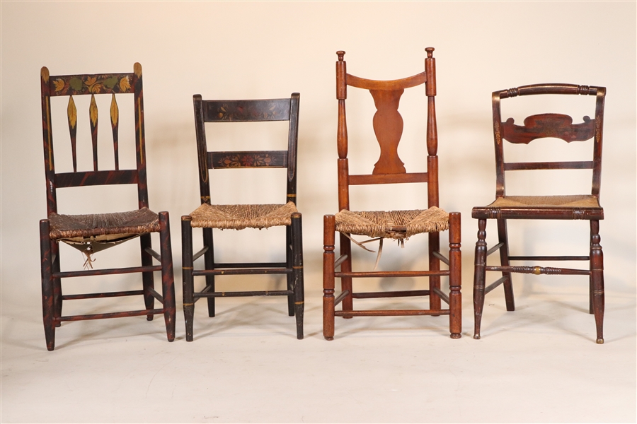 Three Neoclassical Painted Rush-Seat Side Chairs