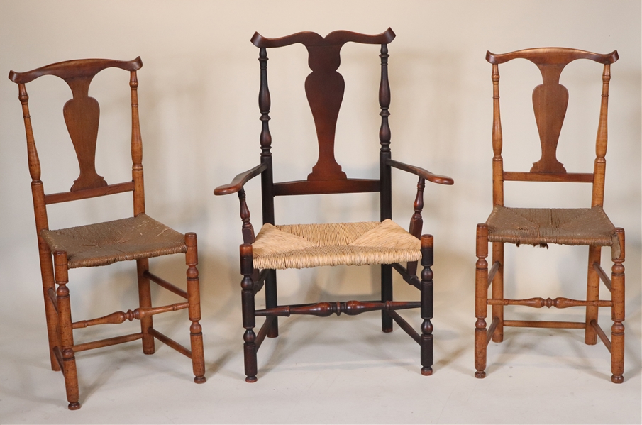Pair of Queen Anne Maple Rush Seat Side Chairs