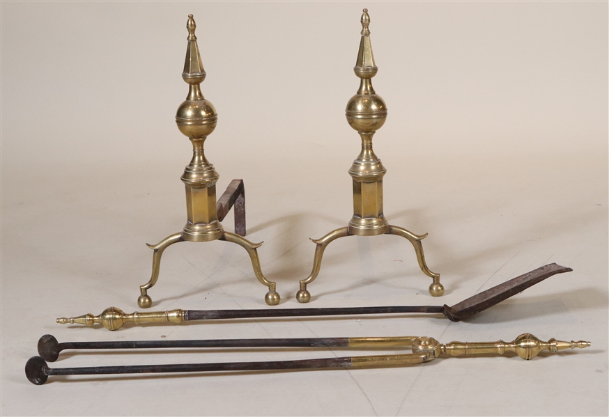 Pair of Federal Cast-Brass Steeple-Top Andirons