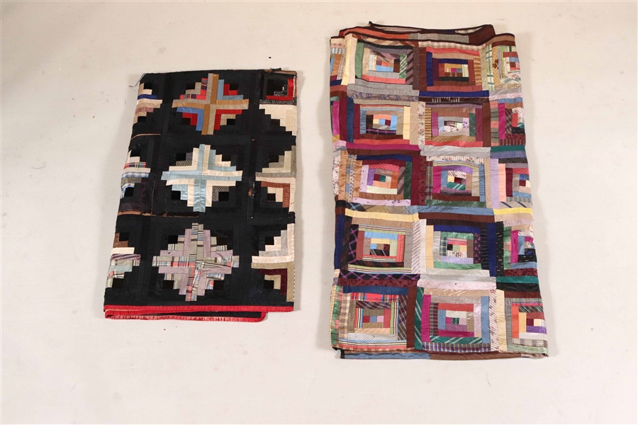 Two Pieced Silk "Log Cabin" Quilts
