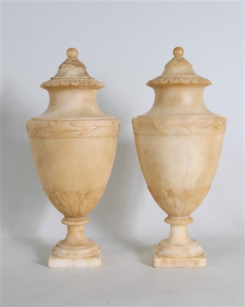 Pair of Carved Alabaster Covered Urns