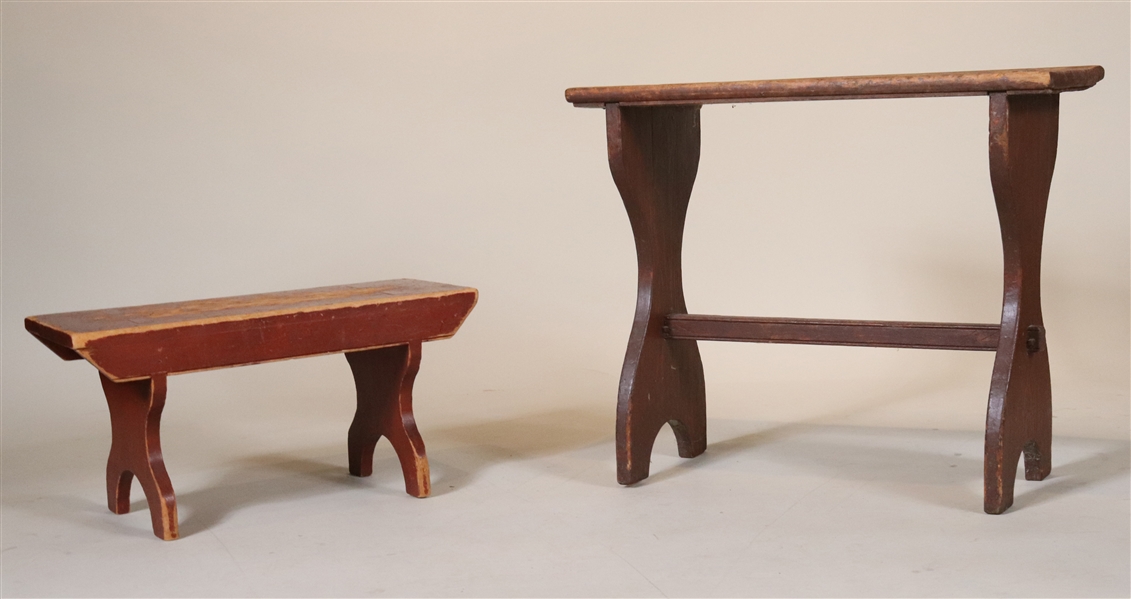 Two Red Painted Pine Benches