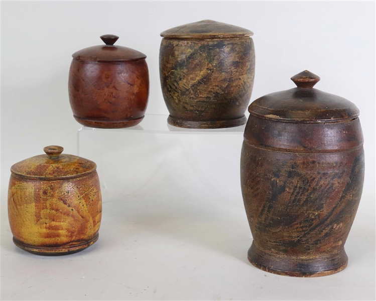 Four Polychrome Turned Treenware Covered Boxes