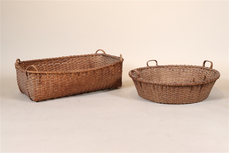 Two Large Woven Splint Four-Handled Baskets