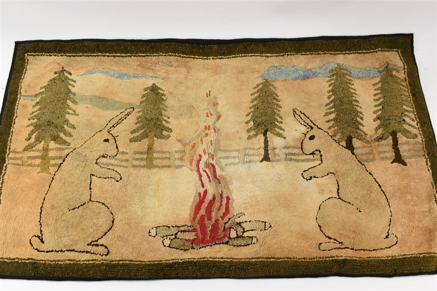Rare Rabbit Campfire Scene Hooked Rug 
