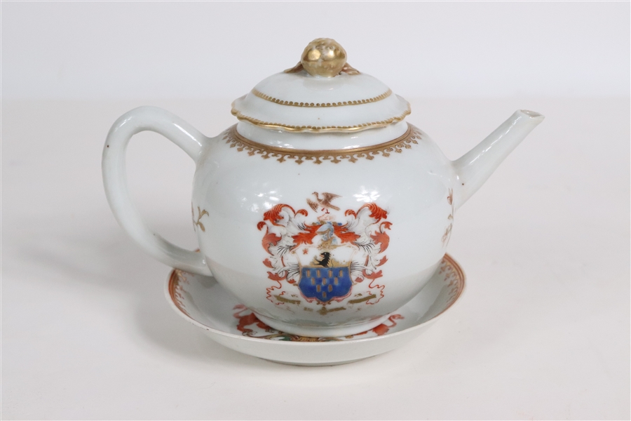 Chinese Export Armorial Teapot and Saucer