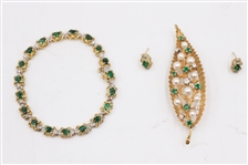 Yellow Gold Emerald Pearl & Diamond Leaf Brooch