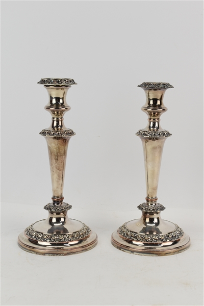 Pair of English Silver Plated Single Candlesticks