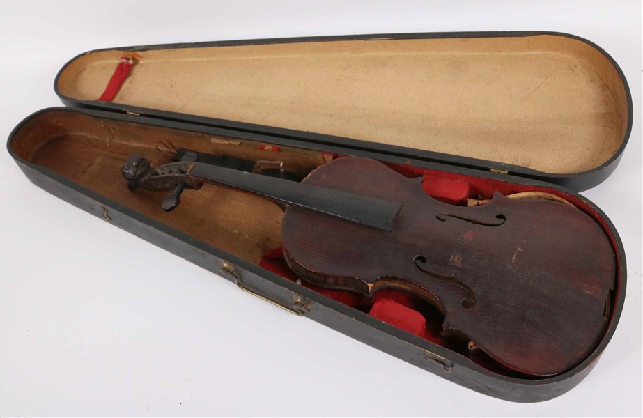 American Folk Art Carved Violin, Bear Head