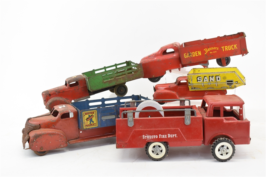 Five Vintage Painted Metal Toy Trucks