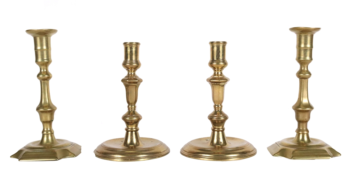 Two Pairs of George III Cast Brass Candlesticks