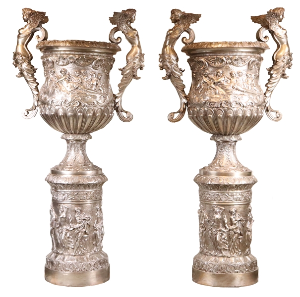 Two Neoclassical Style Silver Patinated Metal Urns