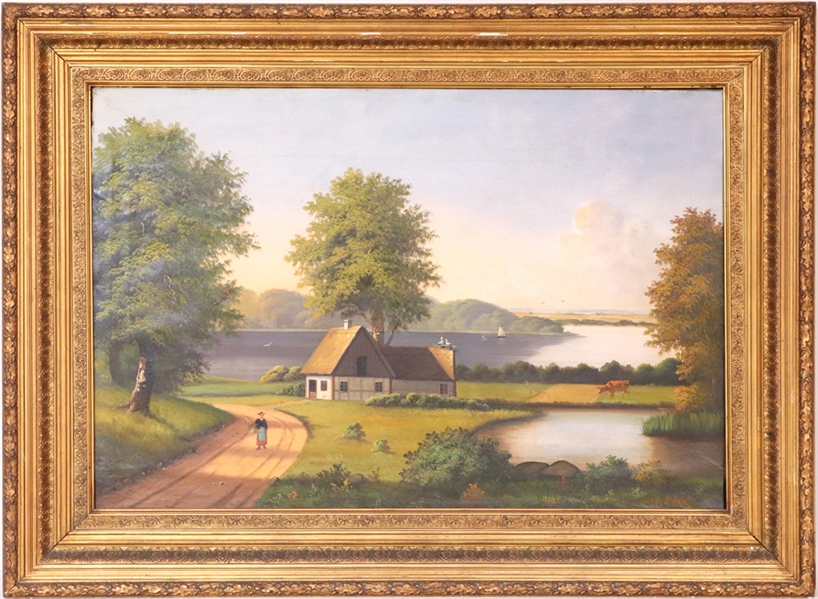 Oil on Canvas, Figure on Path and House on River