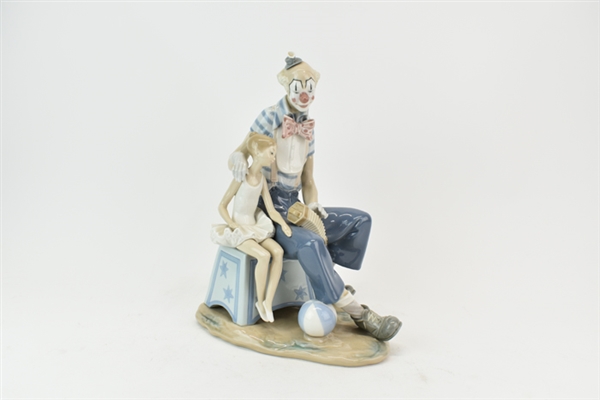 Lladro Smiling Clown Playing Accordion with Girl 