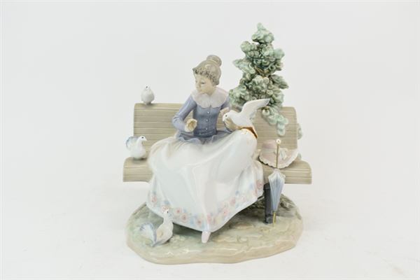 Lladro Lady on Bench with Ice Cream and Birds