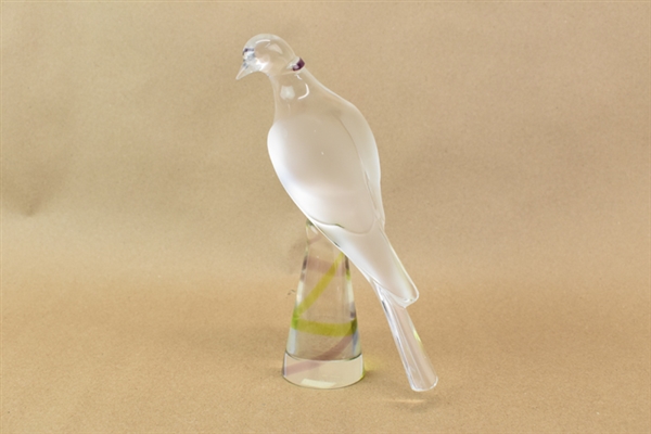 Lalique Bird on Pedestal of Colored Glass Base
