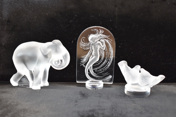 Lalique Glass Paperweights Elephant & Mermaid