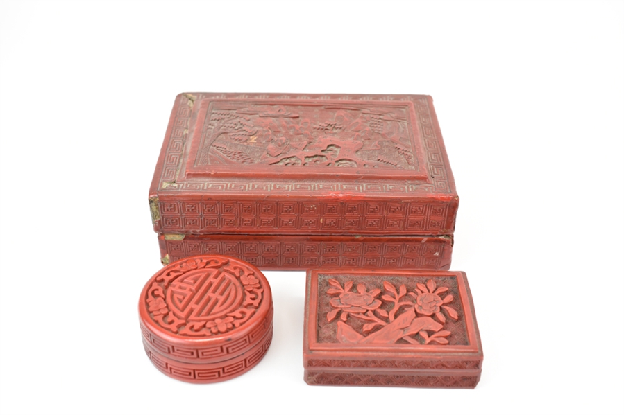Cinnabar Style Red Lacquer Covered Boxes 