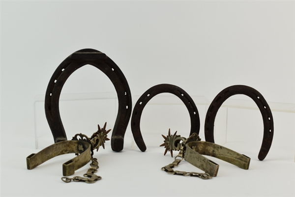 Pair of Vintage Spurs and Assorted Horseshoes