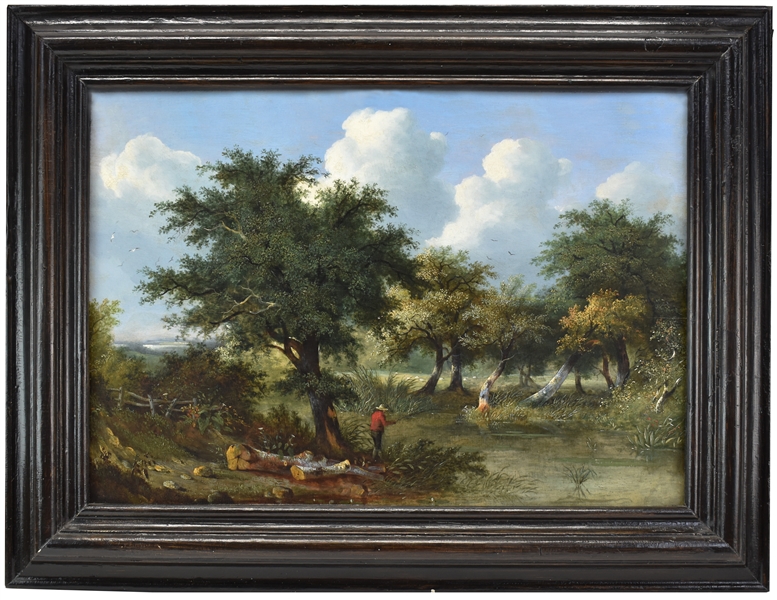 Old Master Oil on Panel, Landscape with Fisherman