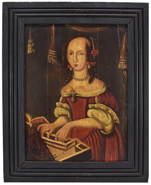 Oil on Panel, Young Woman Playing a Virginal