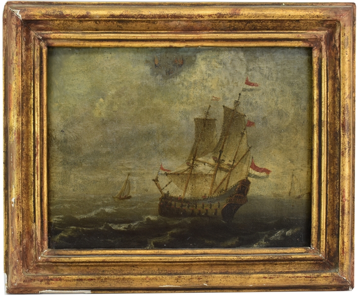 French School, Oil on Panel, War Ship at Sea