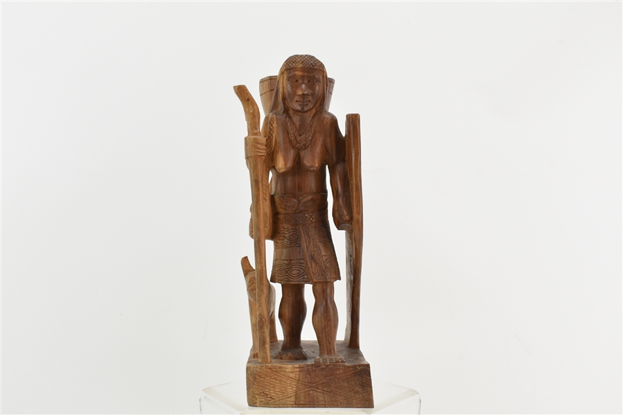 Carved Hardwood Sculpture of Native Woman and Dog