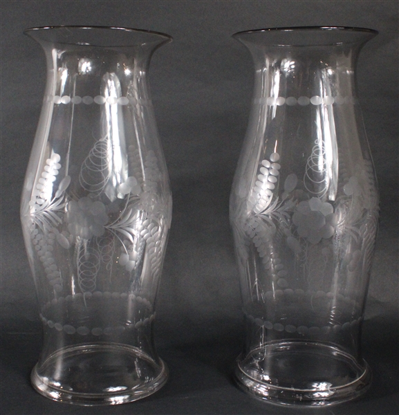 Two Etched Glass Hurricane Shades